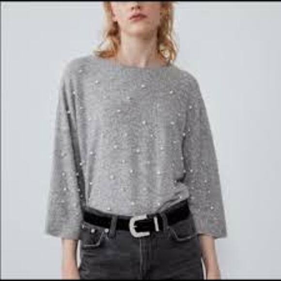 ZARA Trafaluc - Pearl Embellished So Soft Gray Boxy Sweater - Women's Large - Picture 1 of 6